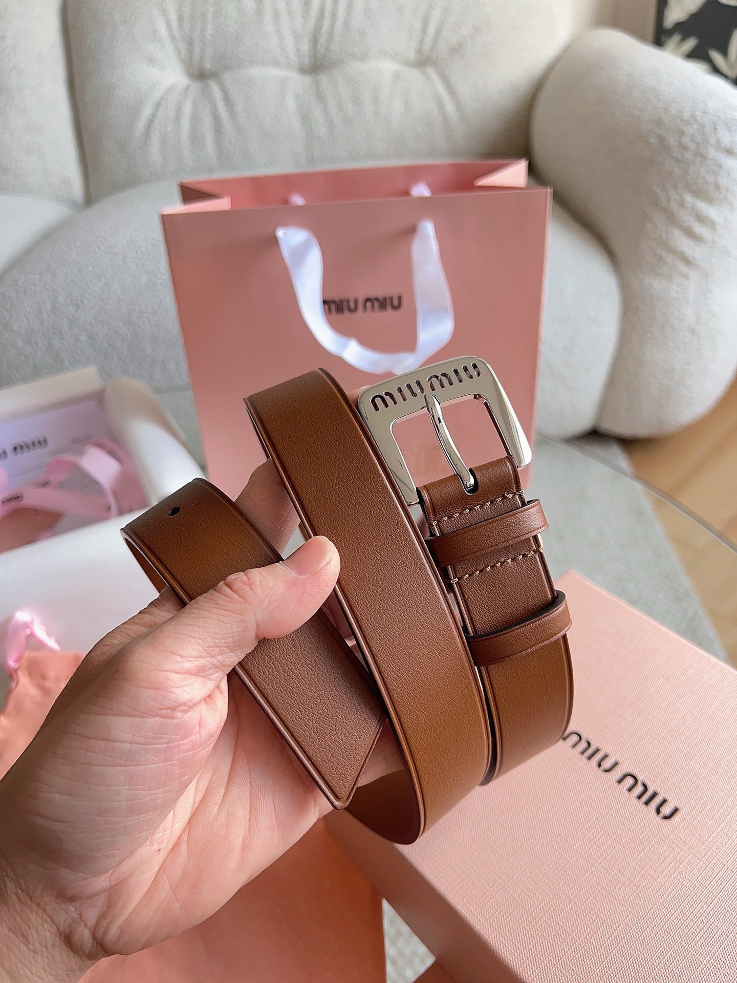 26FW New MM Brown Leather Belt with Metal Buckle 30mm