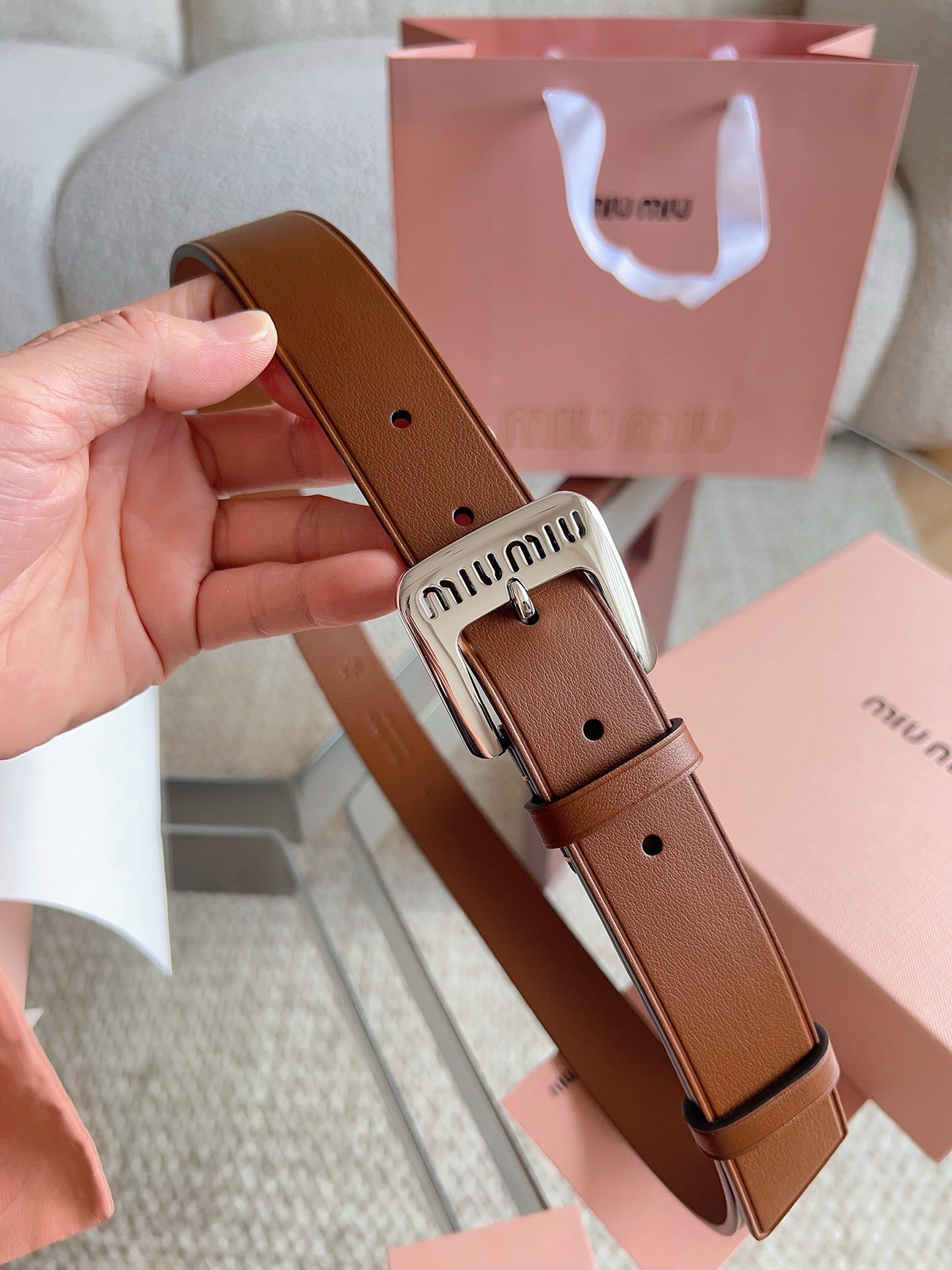 26FW New MM Brown Leather Belt with Metal Buckle 30mm