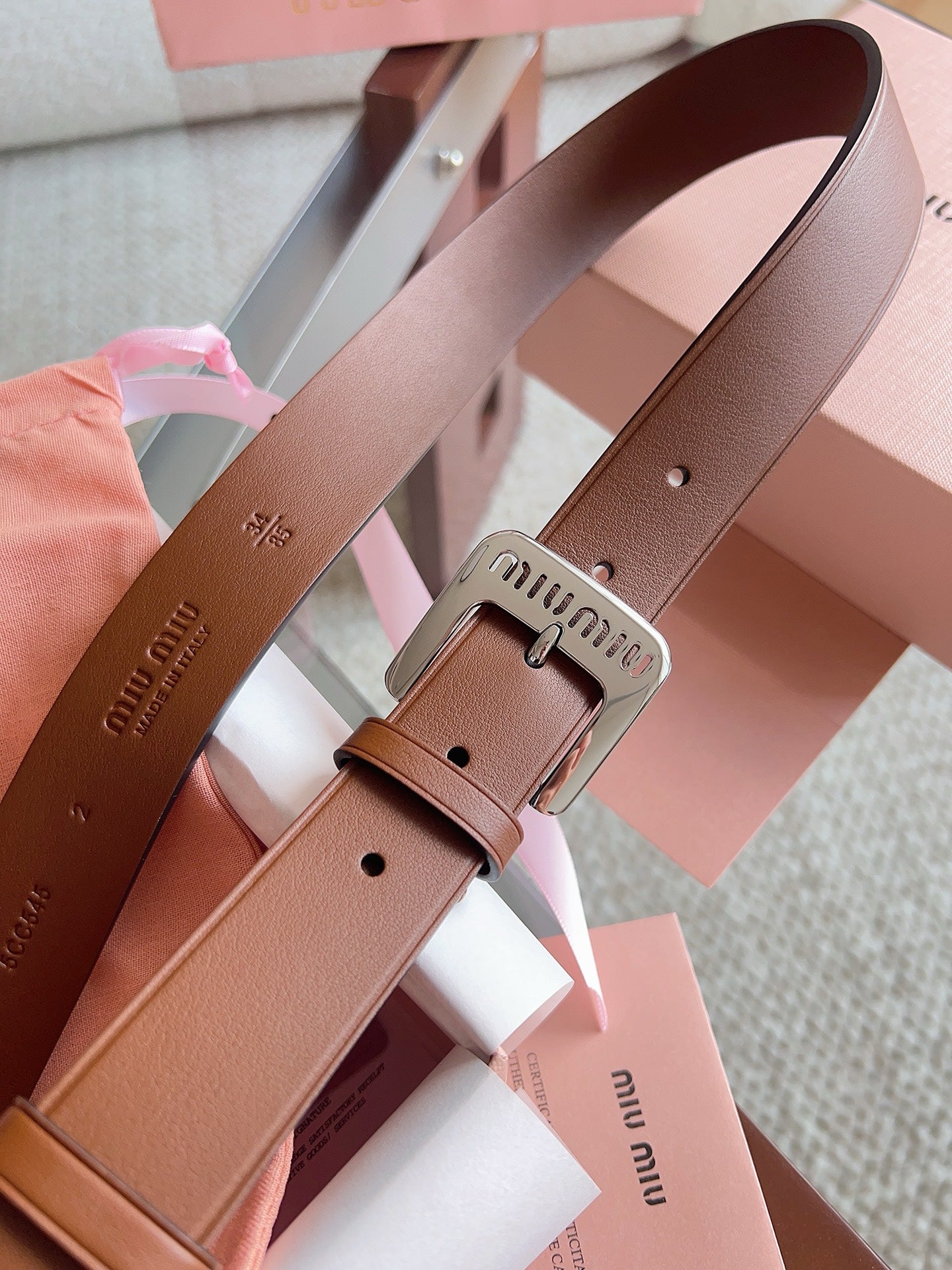 26FW New MM Brown Leather Belt with Metal Buckle 30mm