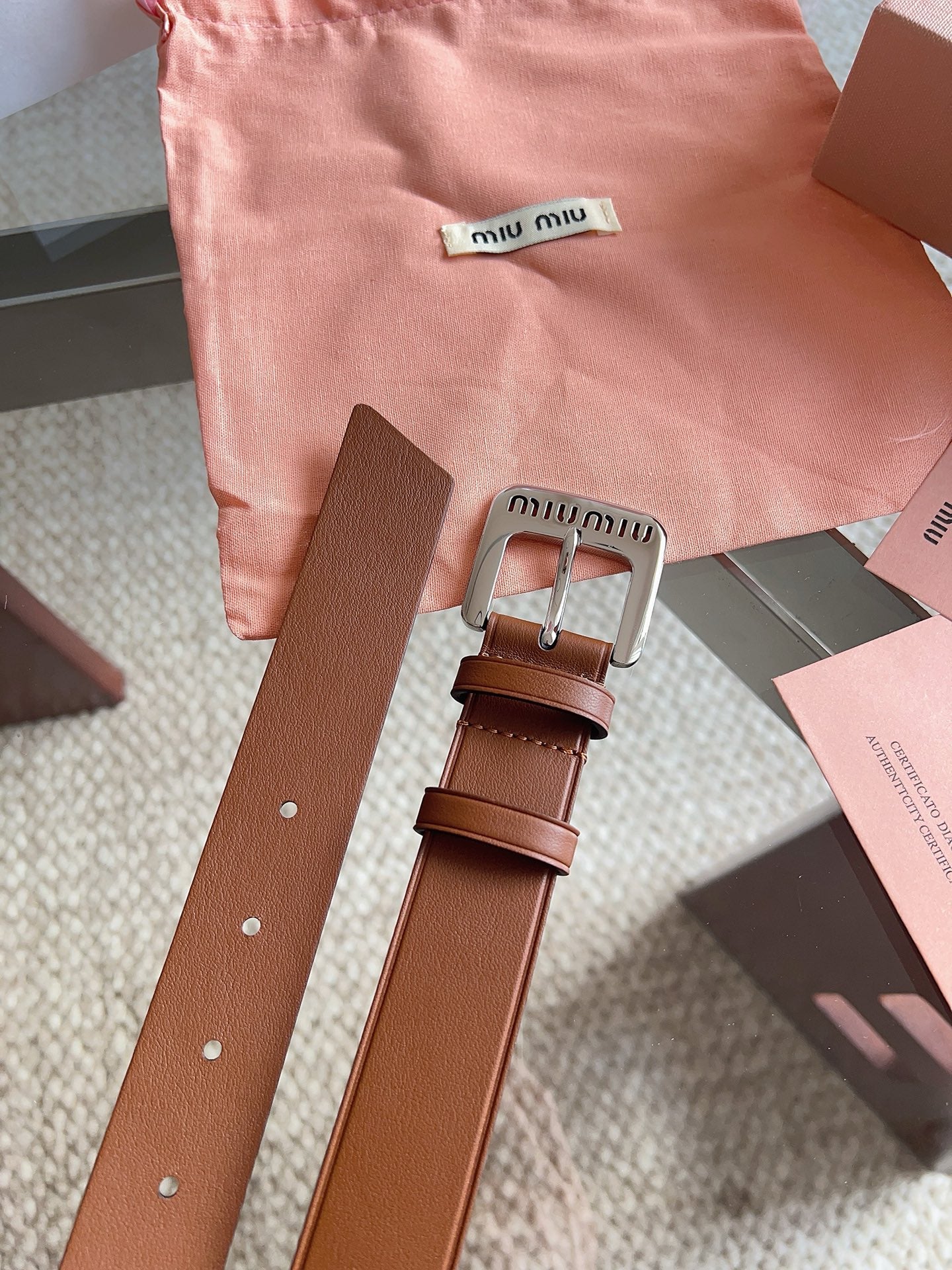 26FW New MM Brown Leather Belt with Metal Buckle 30mm