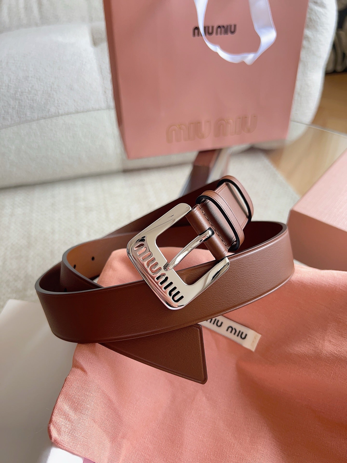 26FW New MM Brown Leather Belt with Metal Buckle 30mm