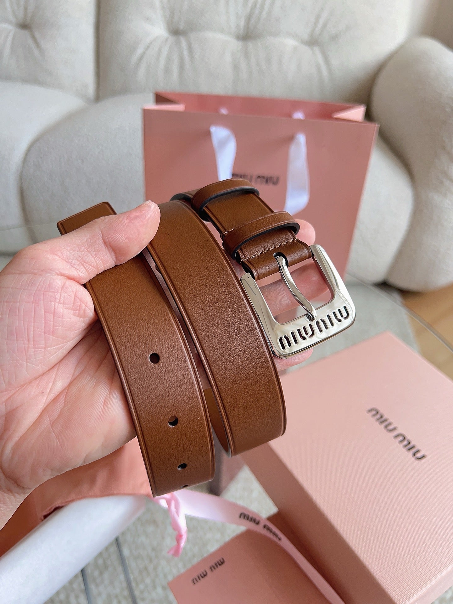 26FW New MM Brown Leather Belt with Metal Buckle 30mm