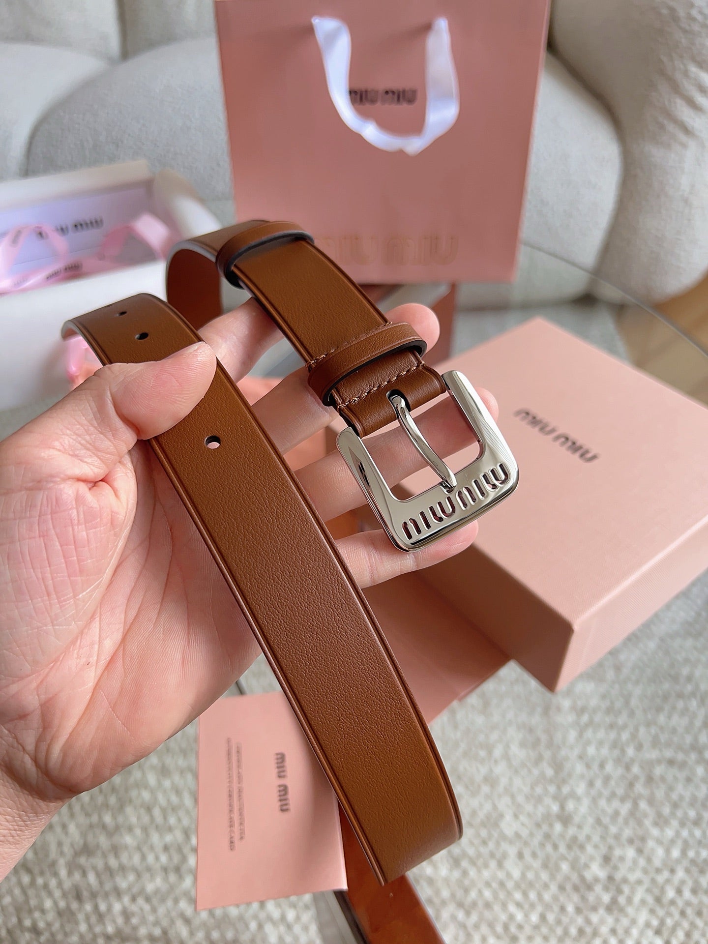 26FW New MM Brown Leather Belt with Metal Buckle 30mm