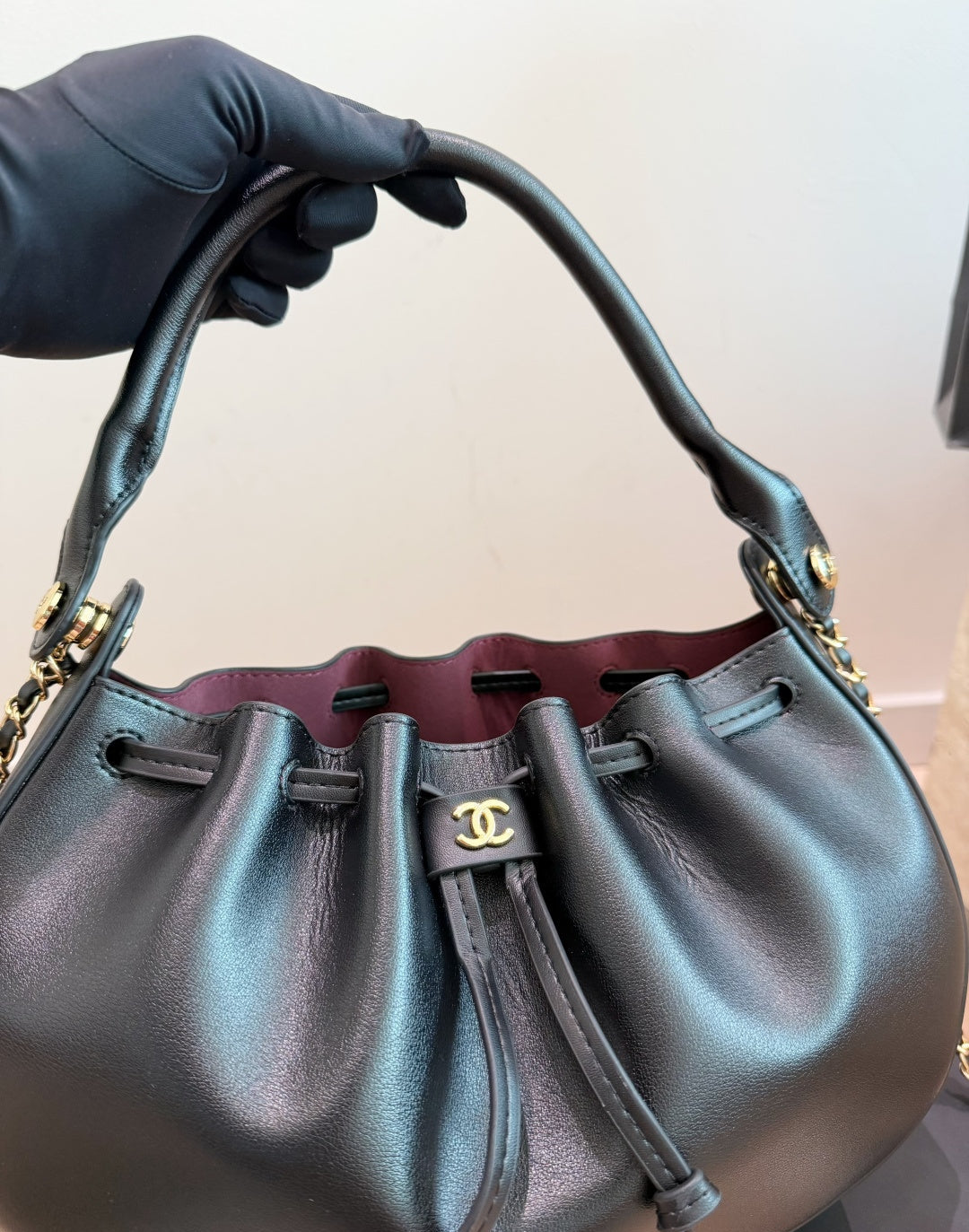 26FW New Black Half-Moon Pleated Bucket Bag