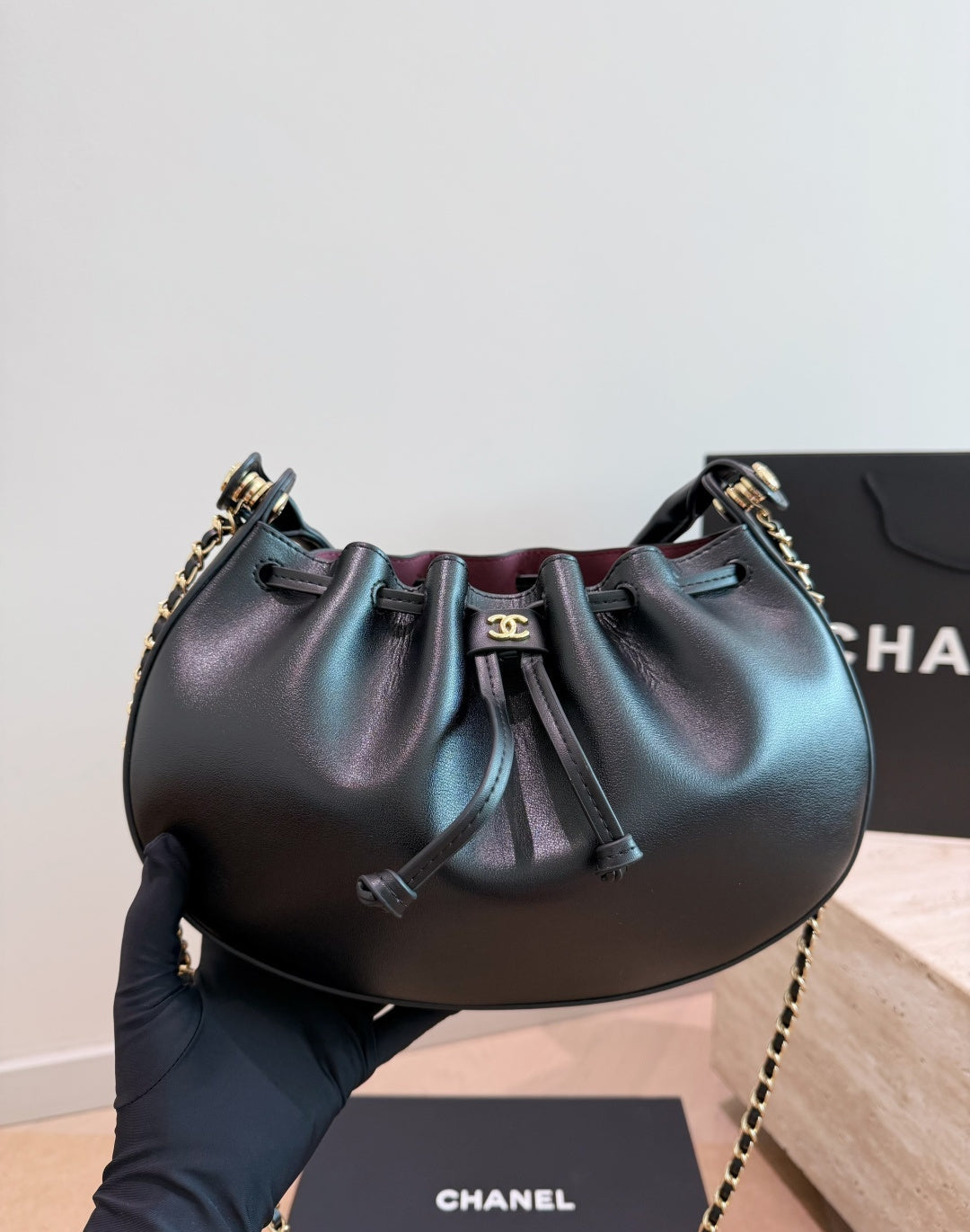 26FW New Black Half-Moon Pleated Bucket Bag