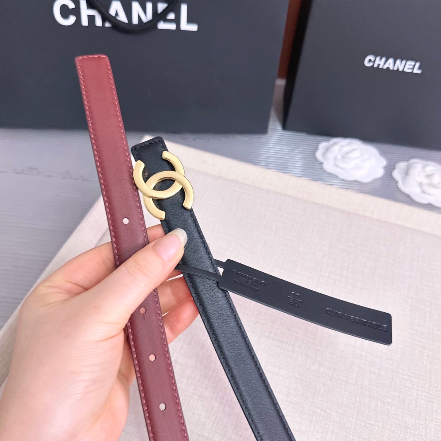 26FW New Black & Red Top-Grain Cowhide Belt 20mm