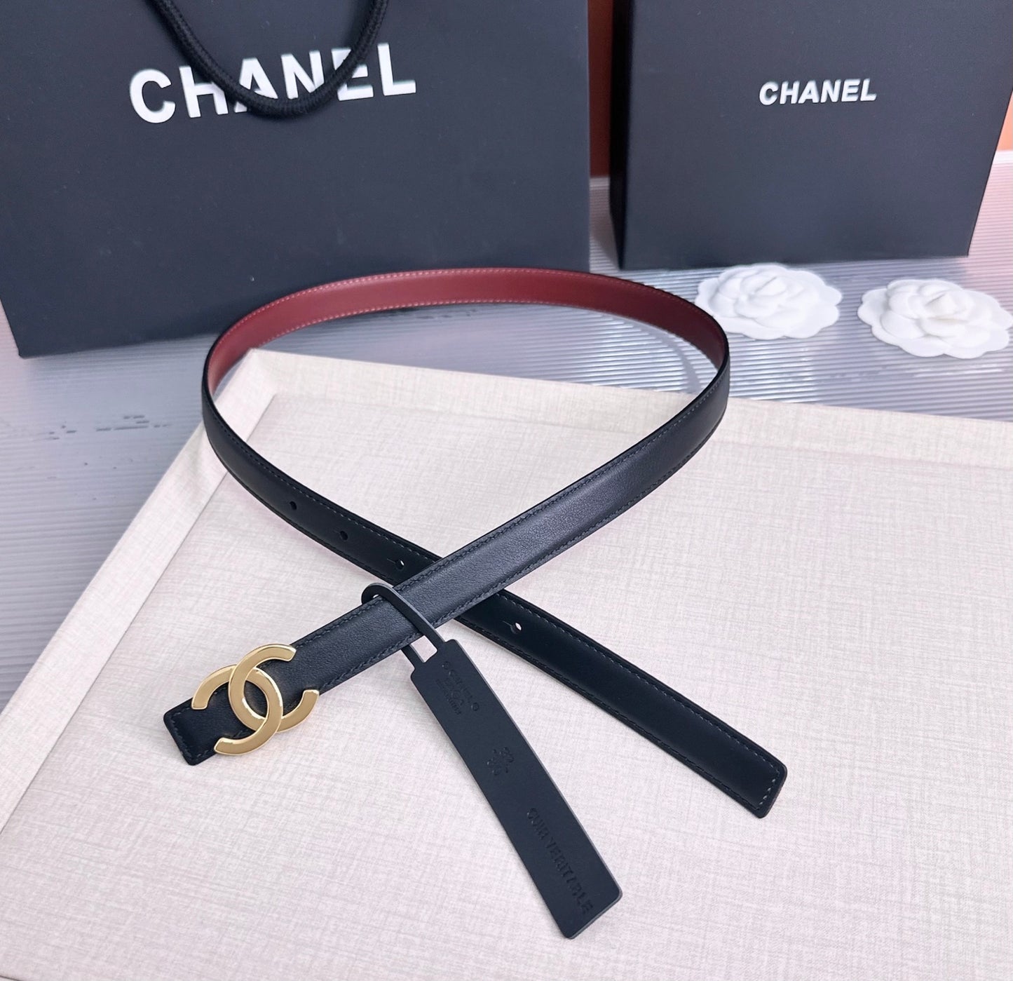 26FW New Black & Red Top-Grain Cowhide Belt 20mm