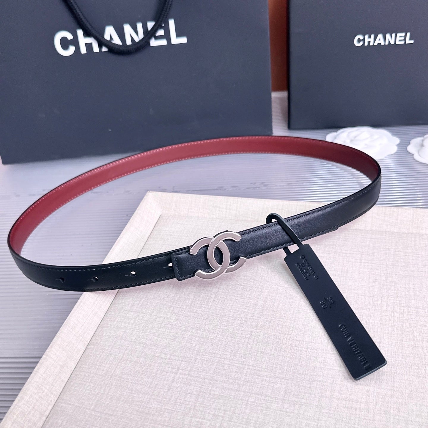 26FW New Black & Red Top-Grain Cowhide Belt 20mm