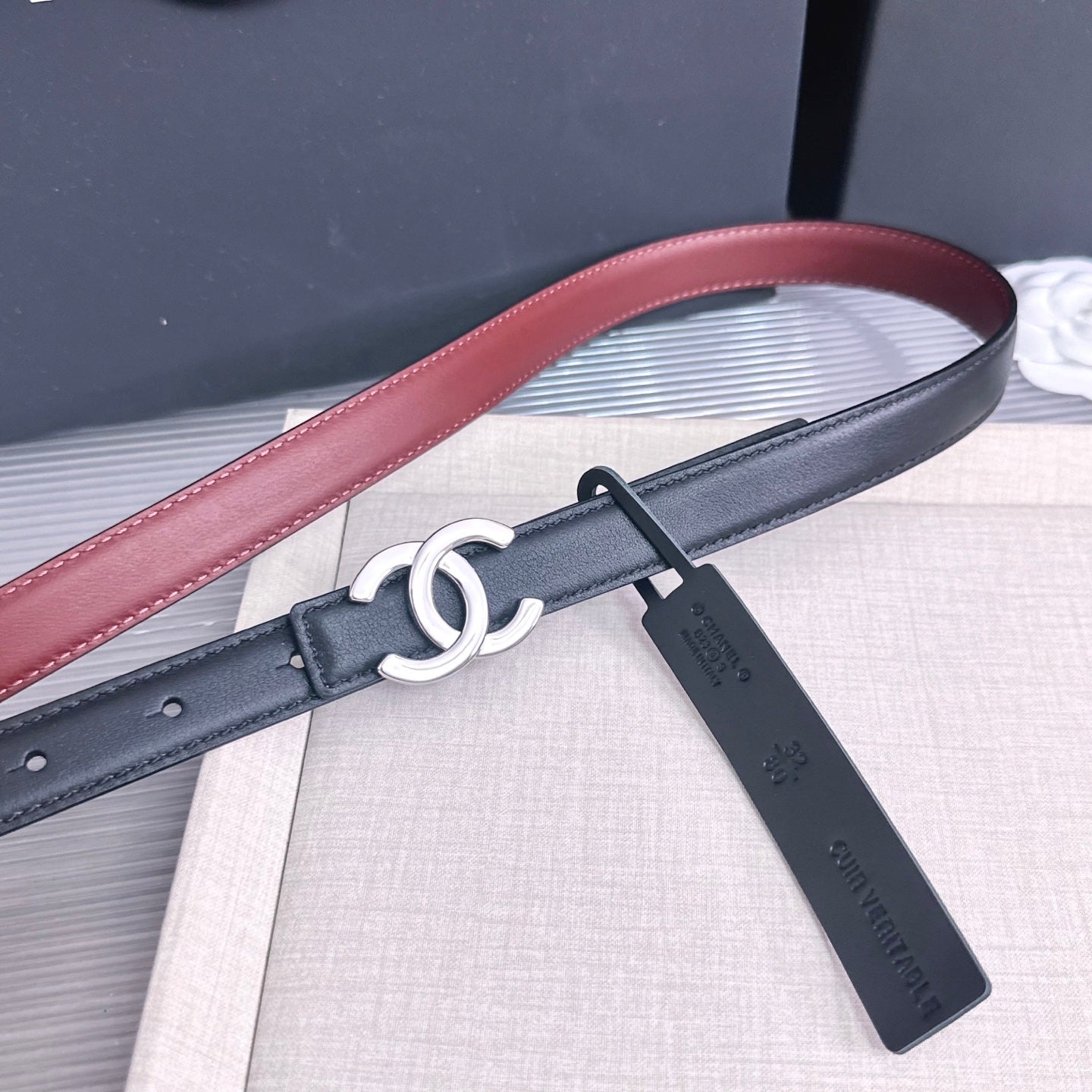26FW New Black & Red Top-Grain Cowhide Belt 20mm