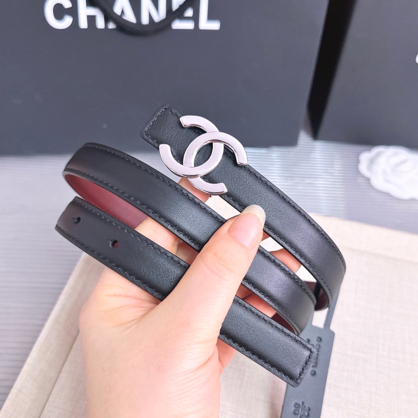 26FW New Black & Red Top-Grain Cowhide Belt 20mm