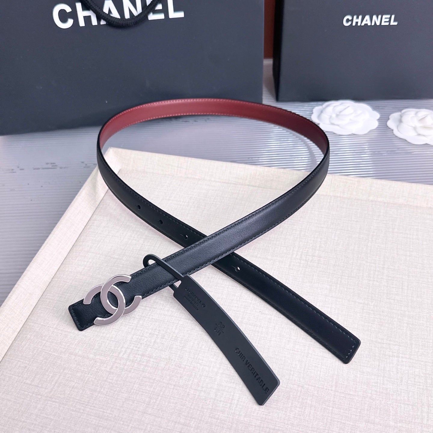 26FW New Black & Red Top-Grain Cowhide Belt 20mm