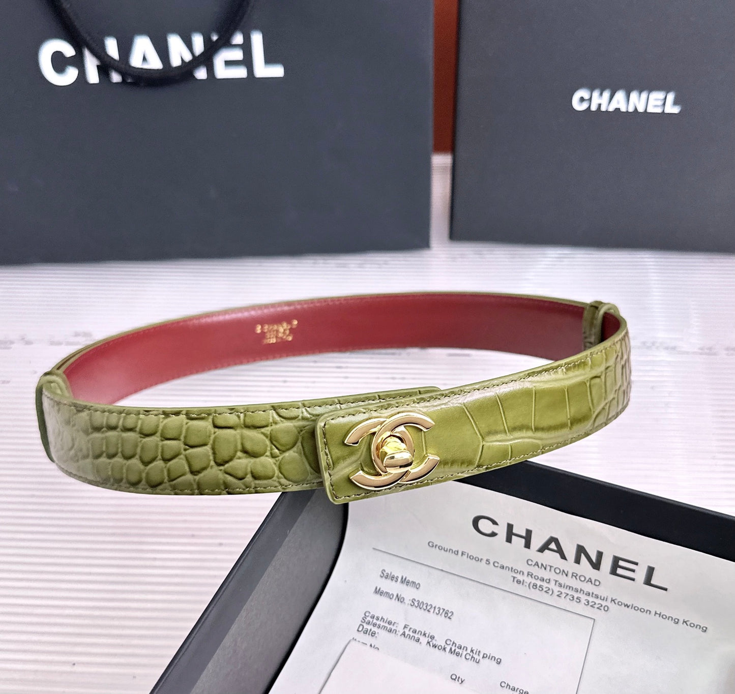 26FW New Green & Red Top-Grain Leather Belt 30mm