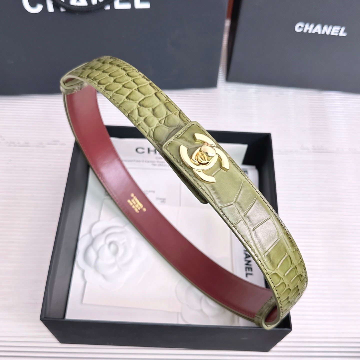 26FW New Green & Red Top-Grain Leather Belt 30mm