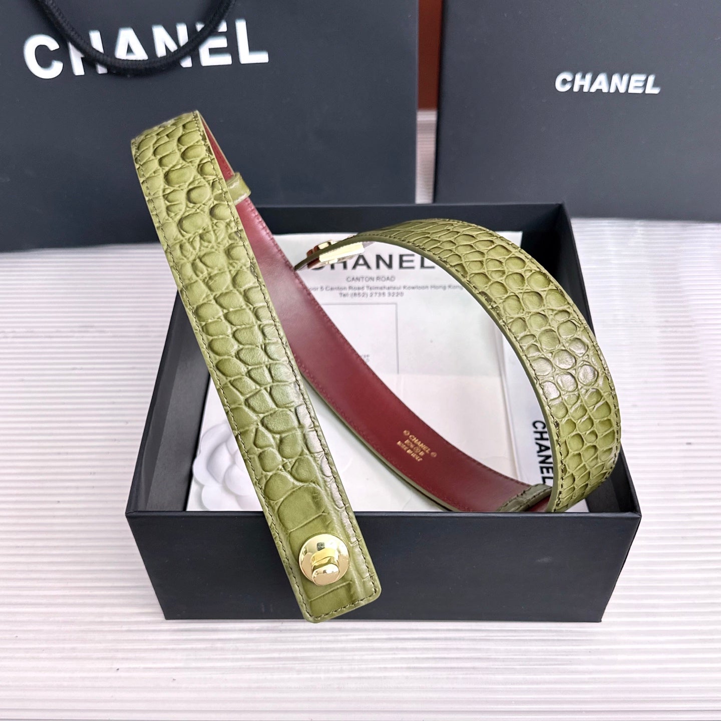 26FW New Green & Red Top-Grain Leather Belt 30mm
