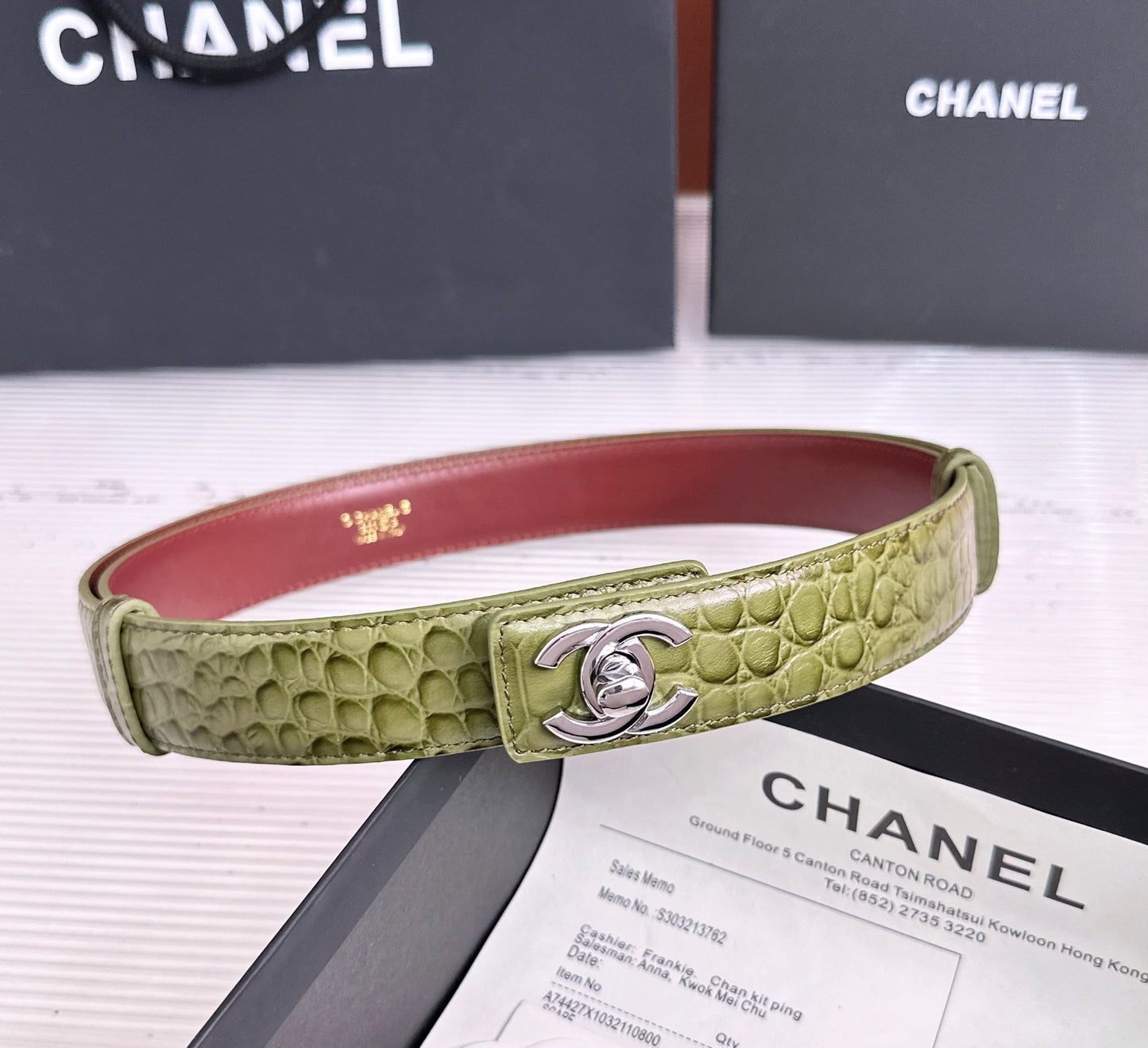 26FW New Green & Red Top-Grain Leather Belt 30mm