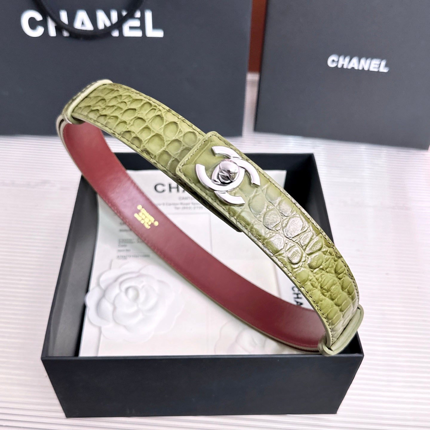 26FW New Green & Red Top-Grain Leather Belt 30mm