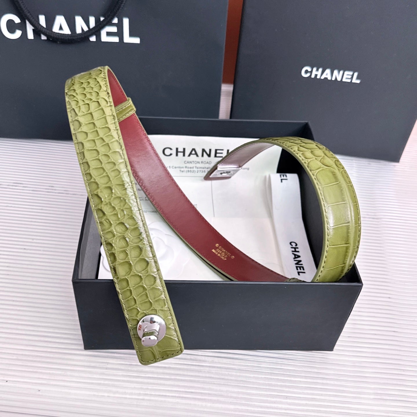 26FW New Green & Red Top-Grain Leather Belt 30mm