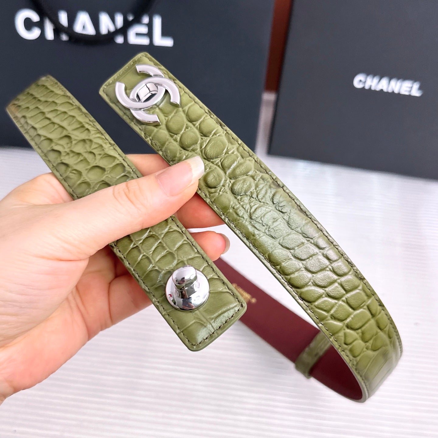 26FW New Green & Red Top-Grain Leather Belt 30mm