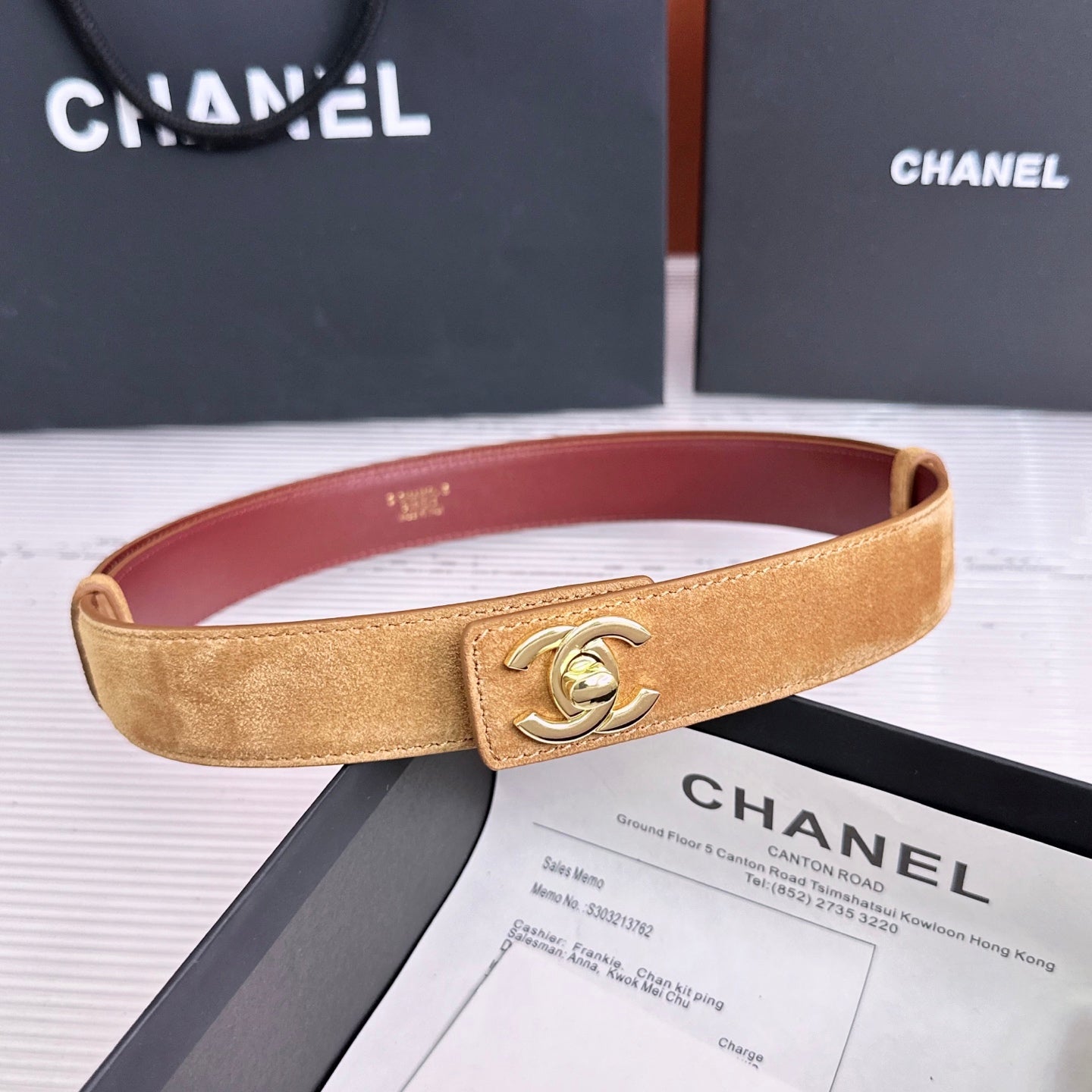 26FW New Khaki-Red Top-Grain Cowhide Belt 30mm