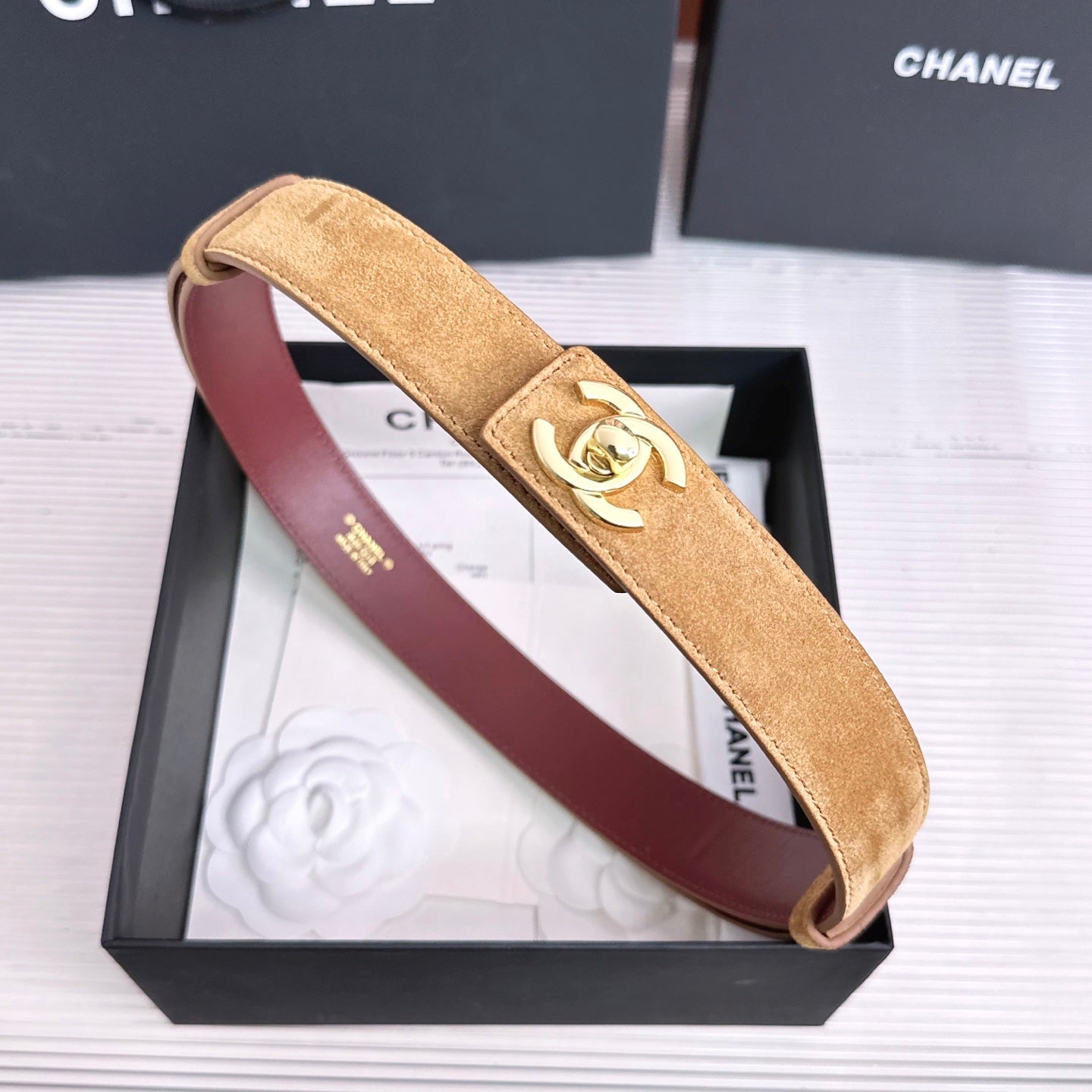 26FW New Khaki-Red Top-Grain Cowhide Belt 30mm