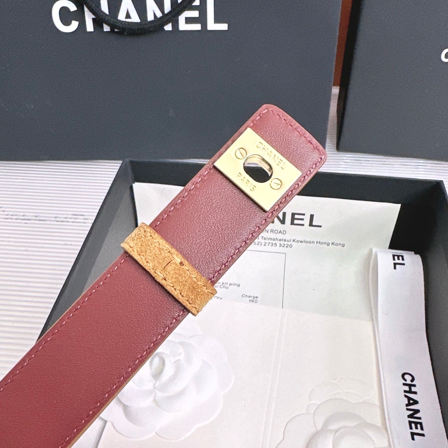 26FW New Khaki-Red Top-Grain Cowhide Belt 30mm