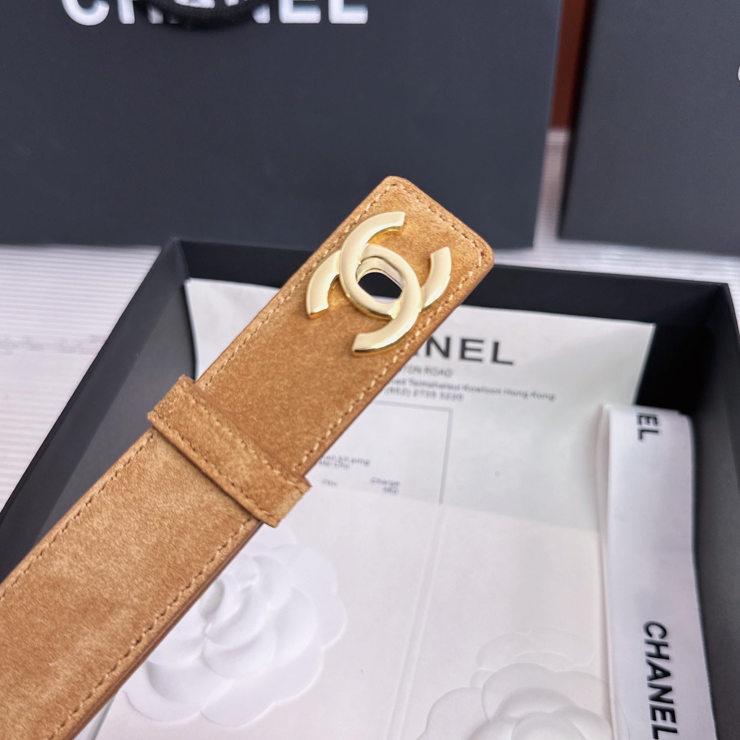 26FW New Khaki-Red Top-Grain Cowhide Belt 30mm