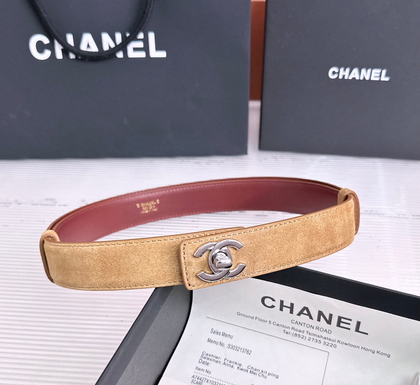 26FW New Khaki-Red Top-Grain Cowhide Belt 30mm