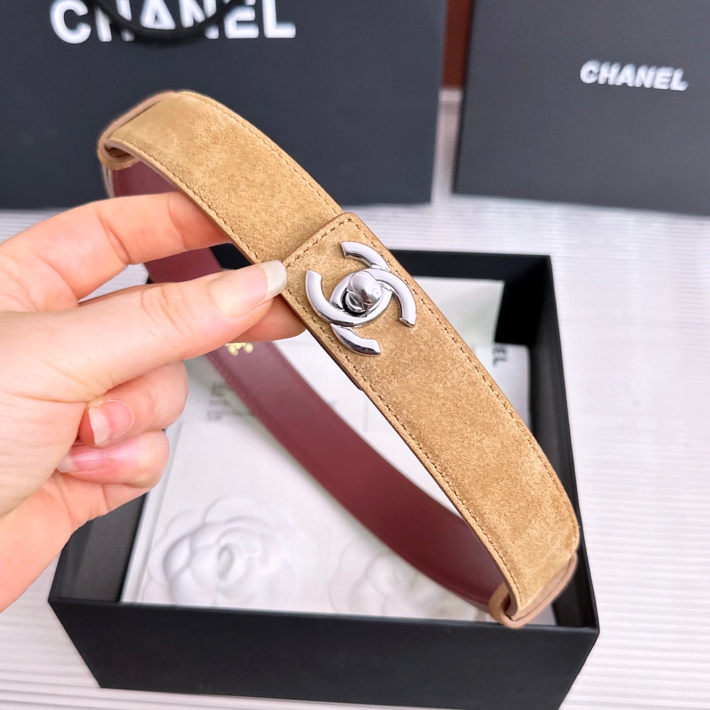 26FW New Khaki-Red Top-Grain Cowhide Belt 30mm