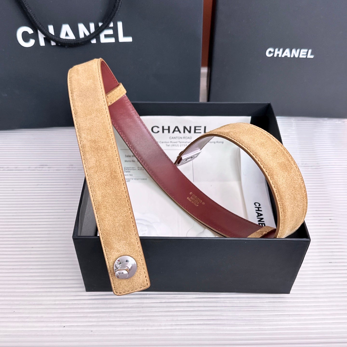 26FW New Khaki-Red Top-Grain Cowhide Belt 30mm