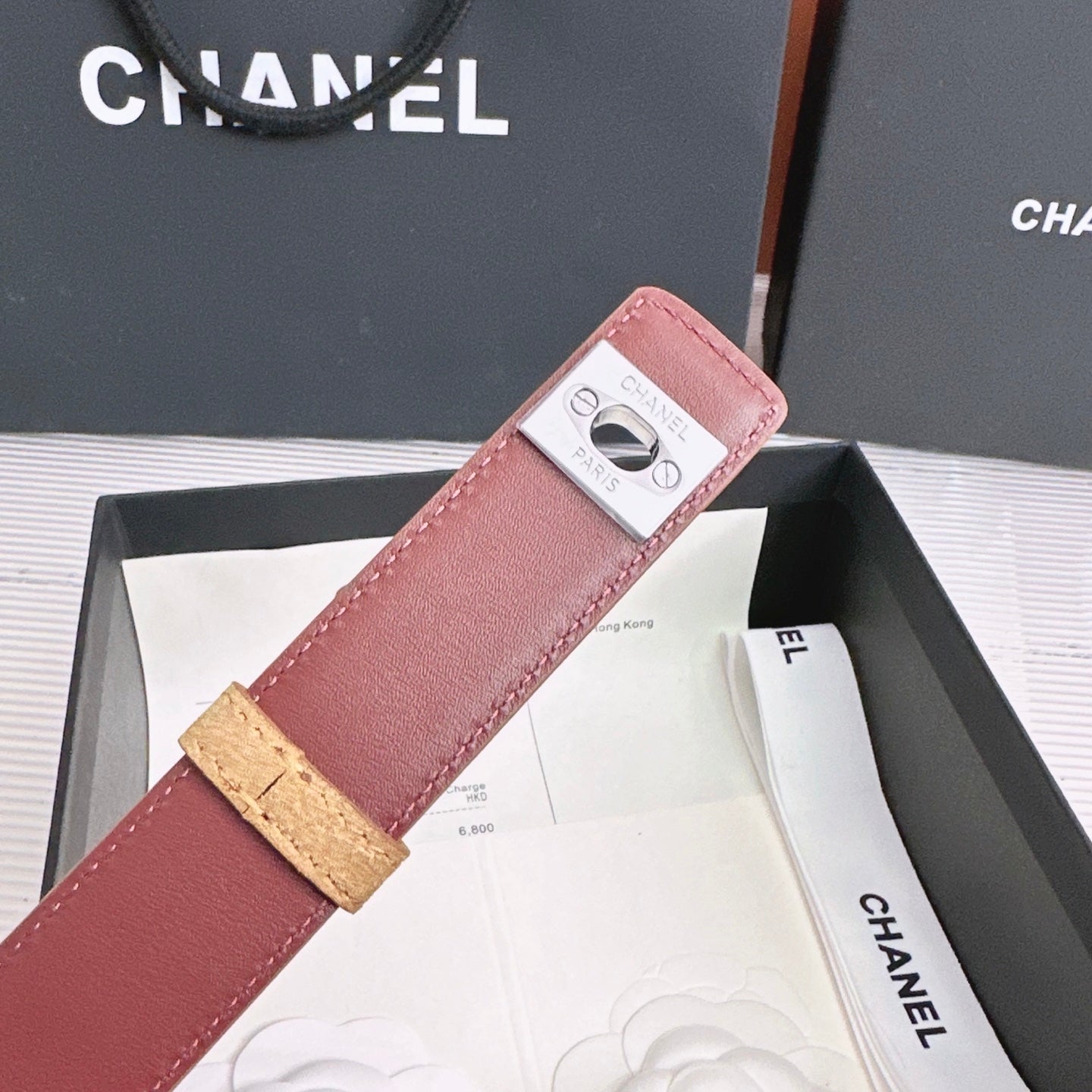 26FW New Khaki-Red Top-Grain Cowhide Belt 30mm