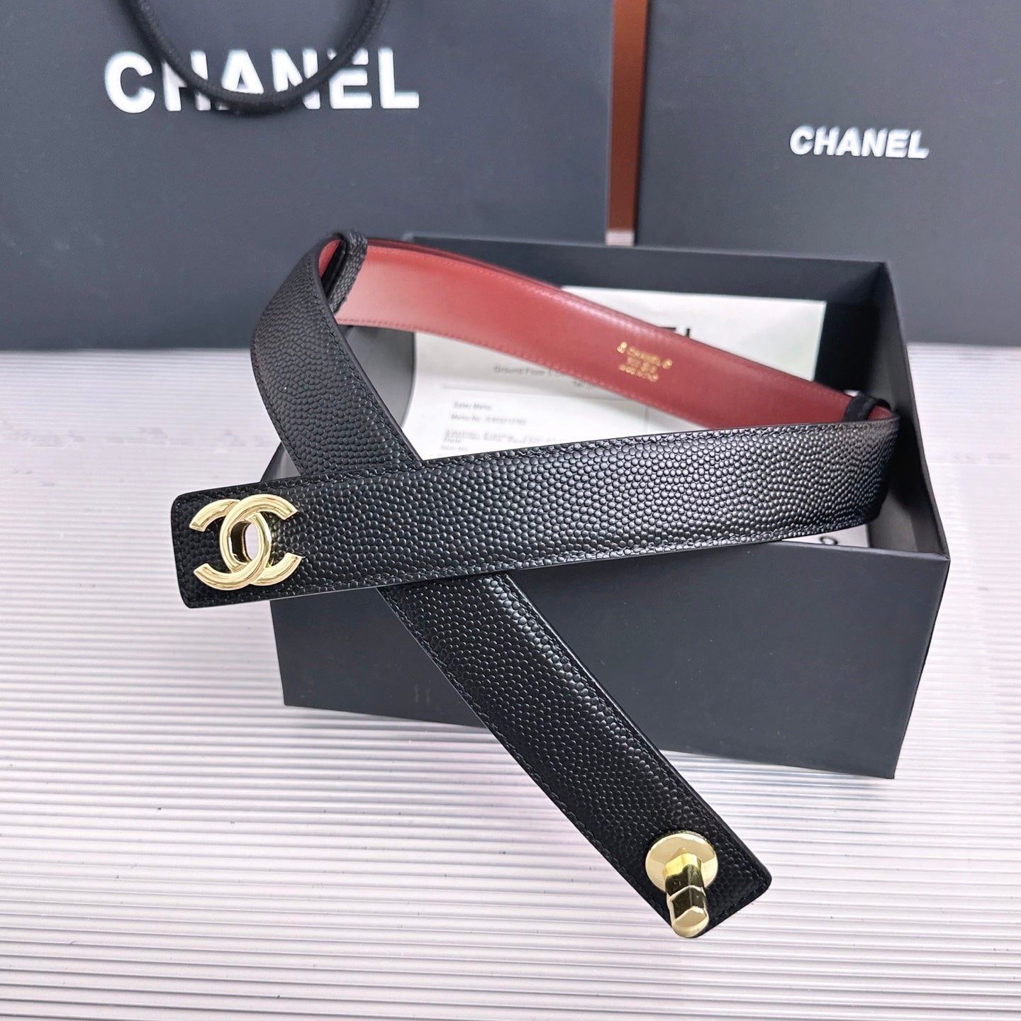 26FW New Black & Red Top-Grain Cowhide Belt-Litchi Grain 30mm