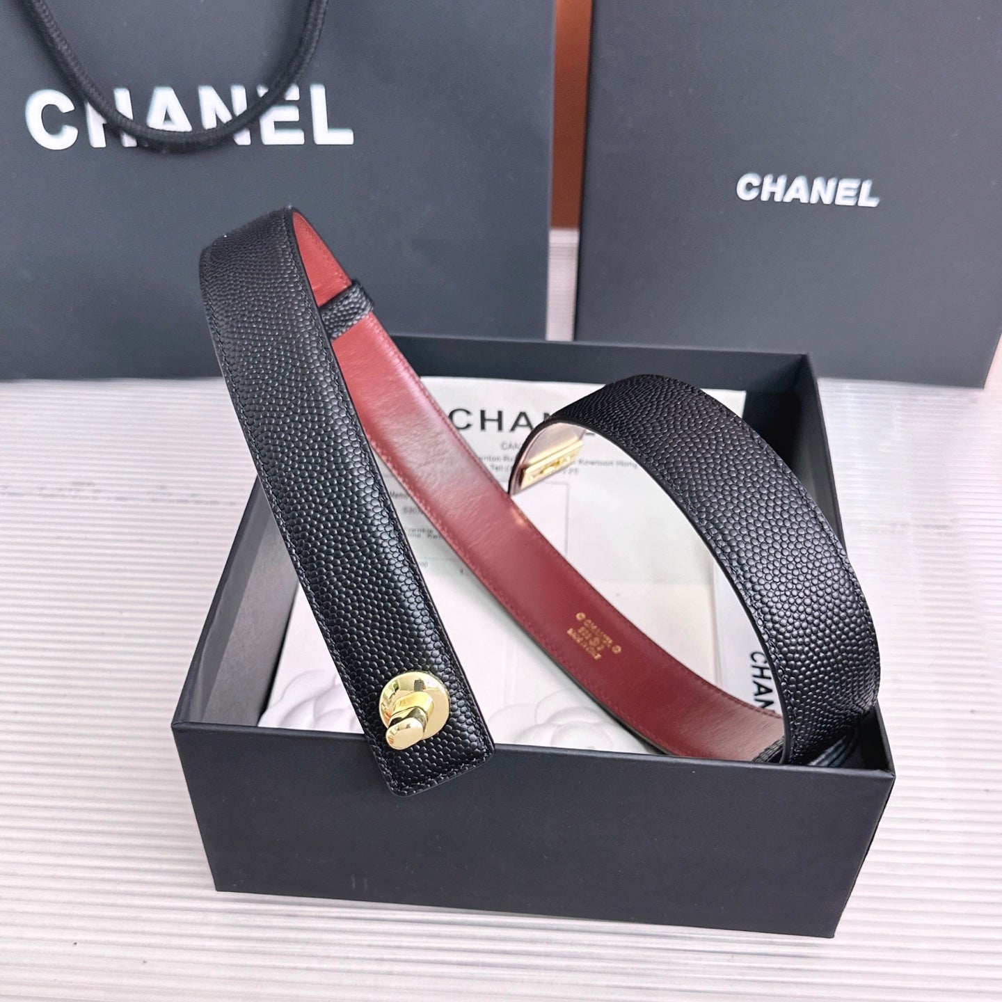 26FW New Black & Red Top-Grain Cowhide Belt-Litchi Grain 30mm