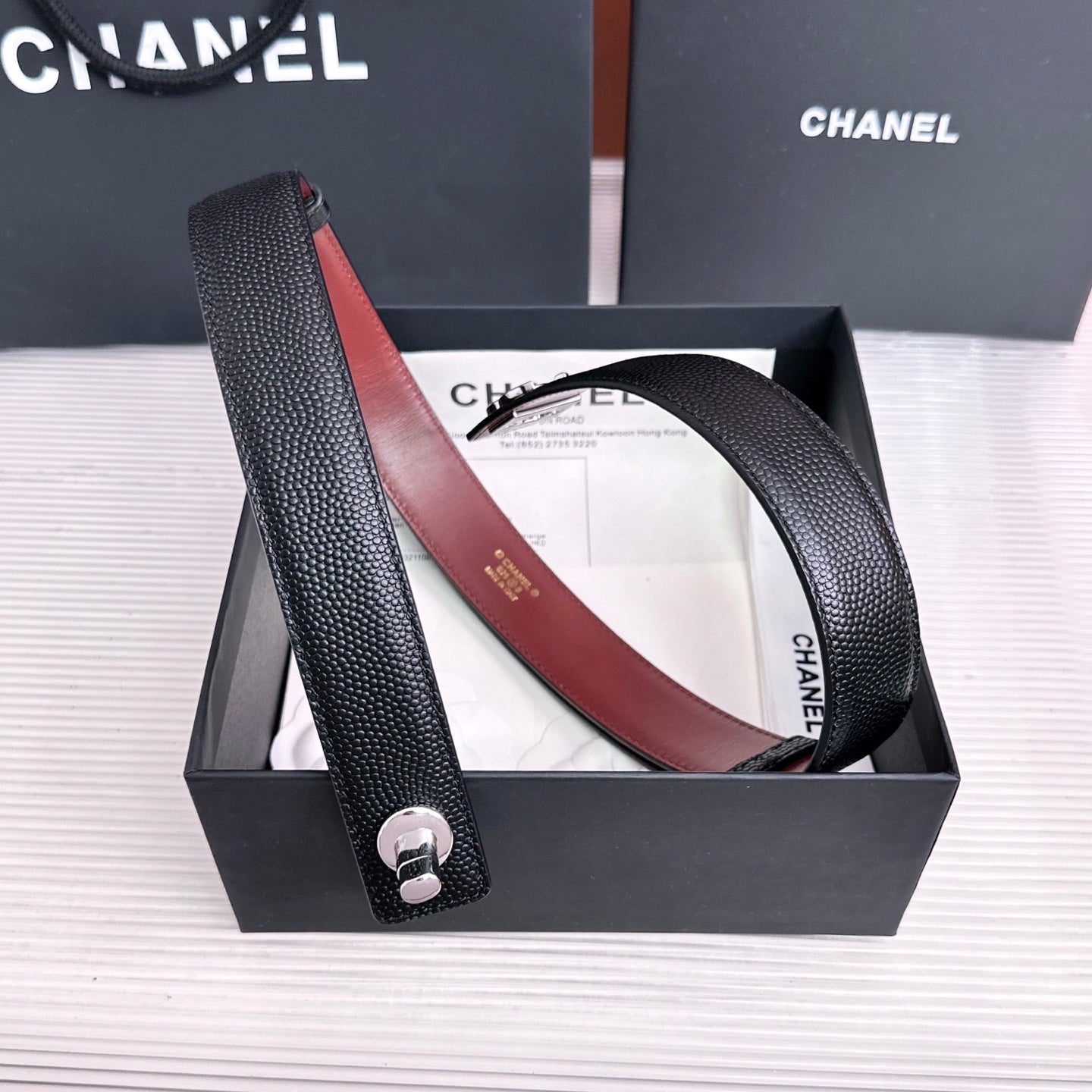 26FW New Black & Red Top-Grain Cowhide Belt-Litchi Grain 30mm