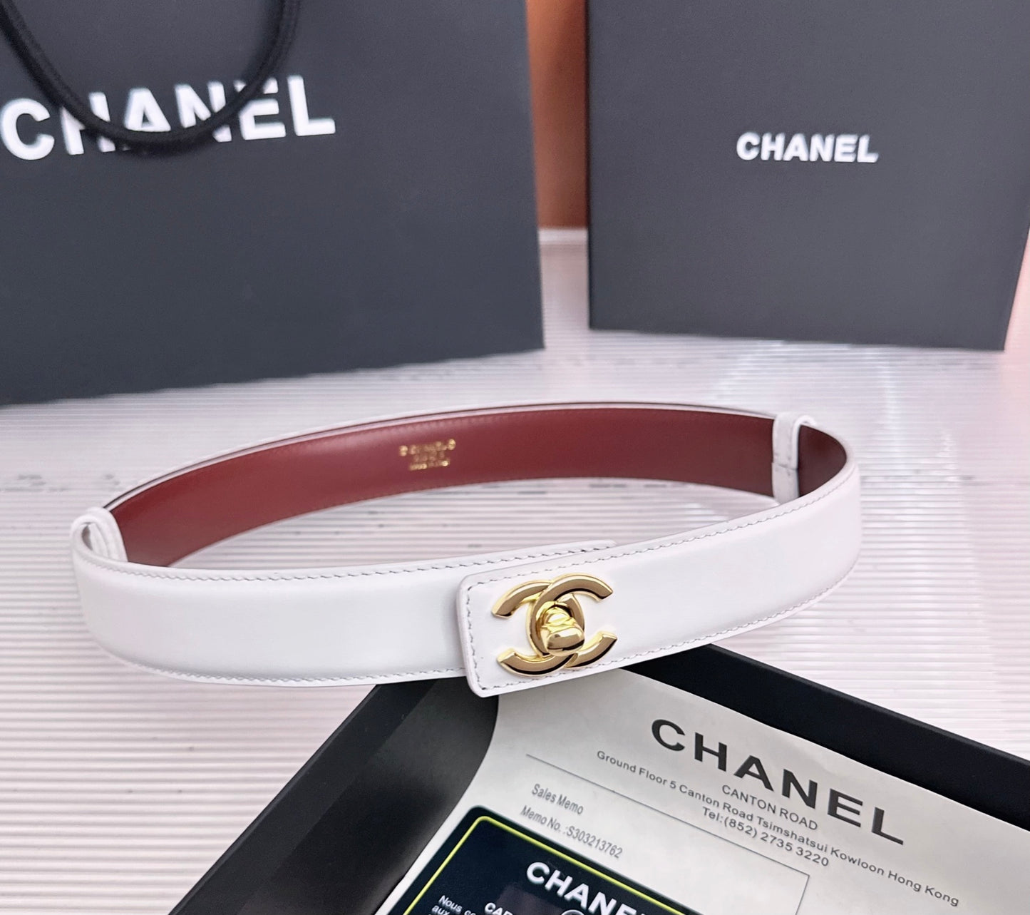 26FW New White & Red Top-Grain Leather Belt 30mm