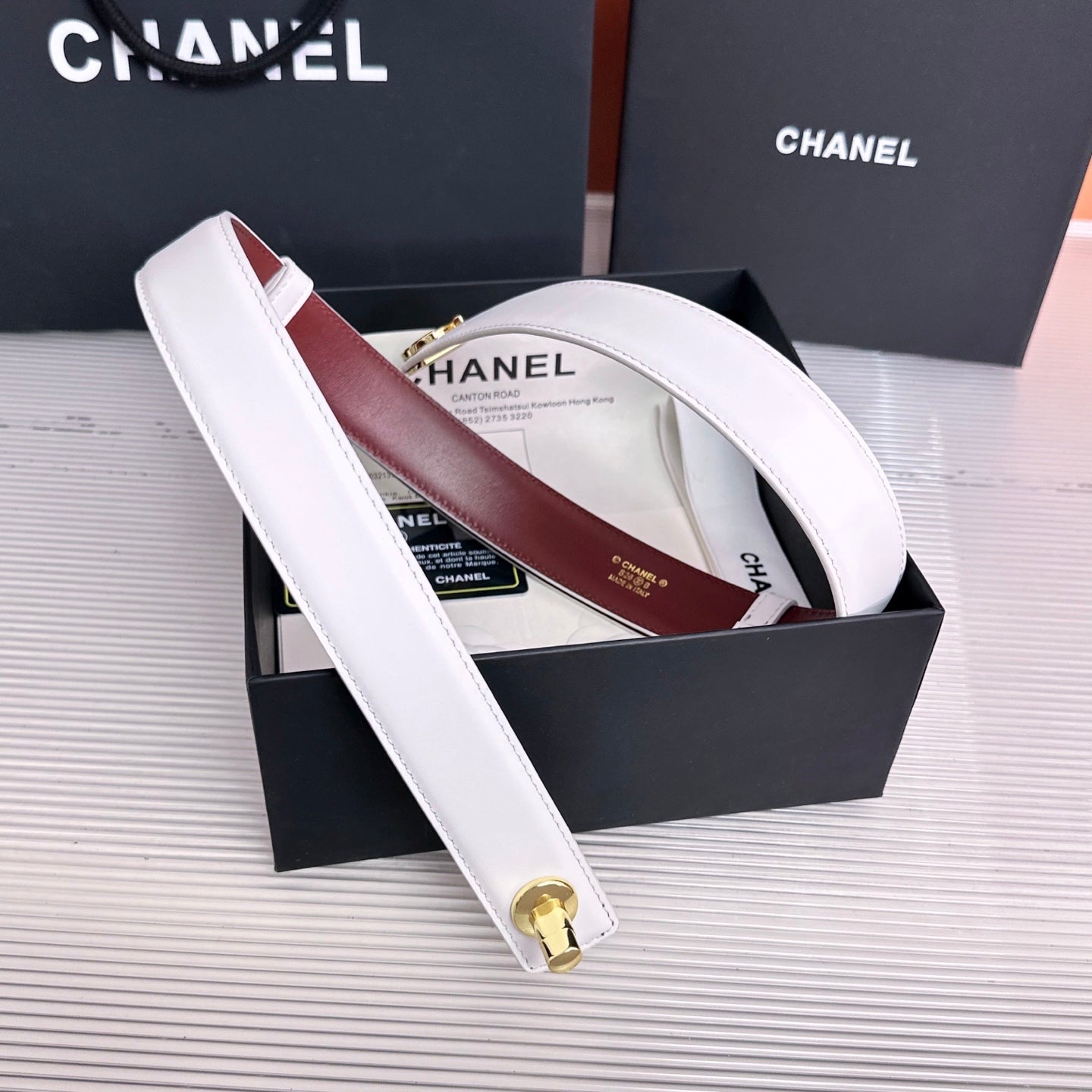 26FW New White & Red Top-Grain Leather Belt 30mm