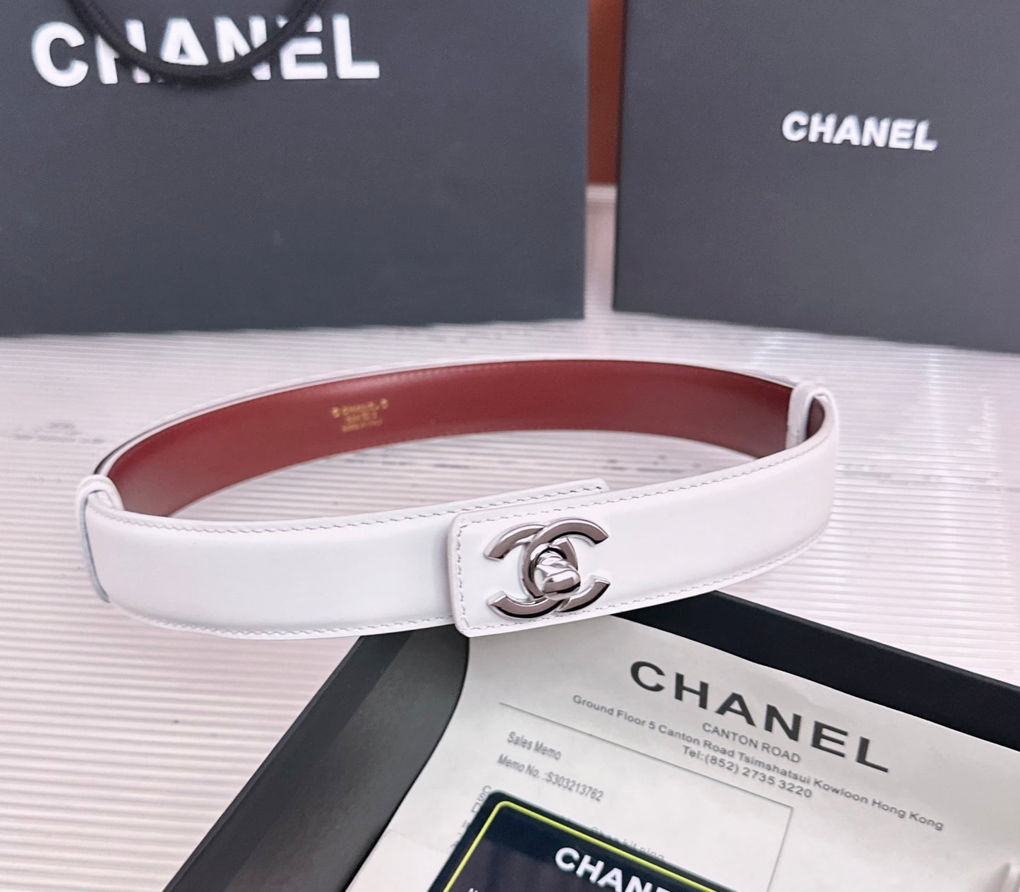 26FW New White & Red Top-Grain Leather Belt 30mm