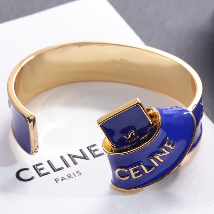 26FW New Open Cuff Bracelet with Gold Edging and Blue Enamel