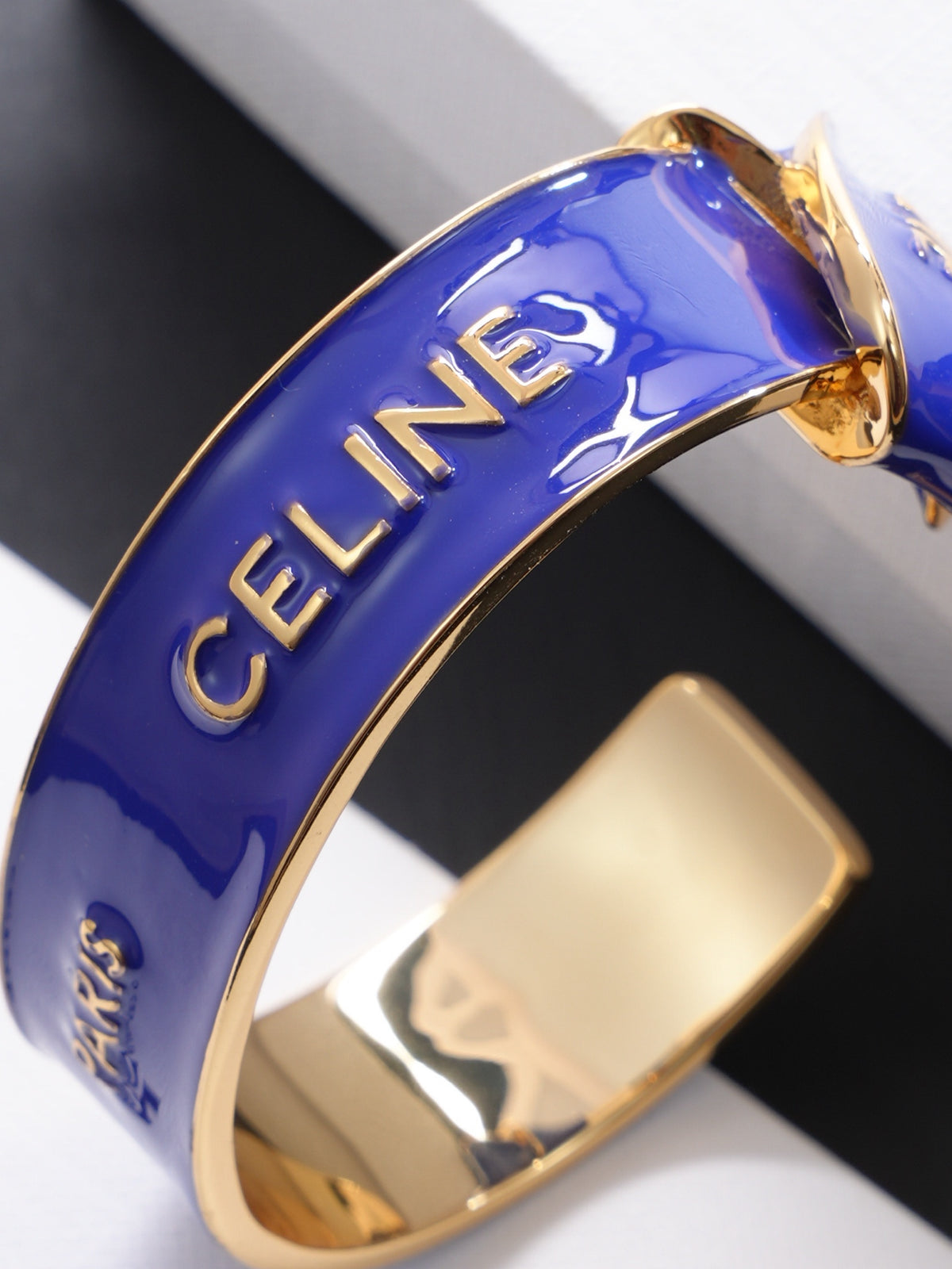 26FW New Open Cuff Bracelet with Gold Edging and Blue Enamel