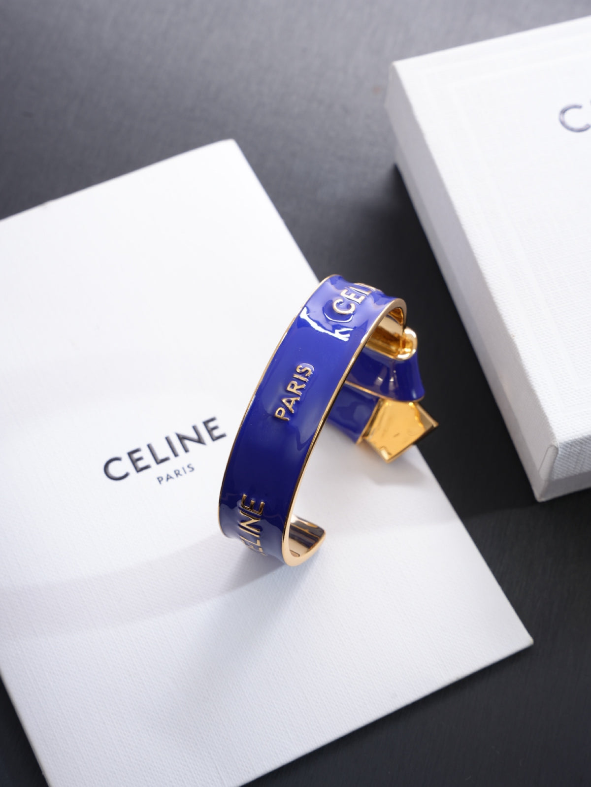 26FW New Open Cuff Bracelet with Gold Edging and Blue Enamel