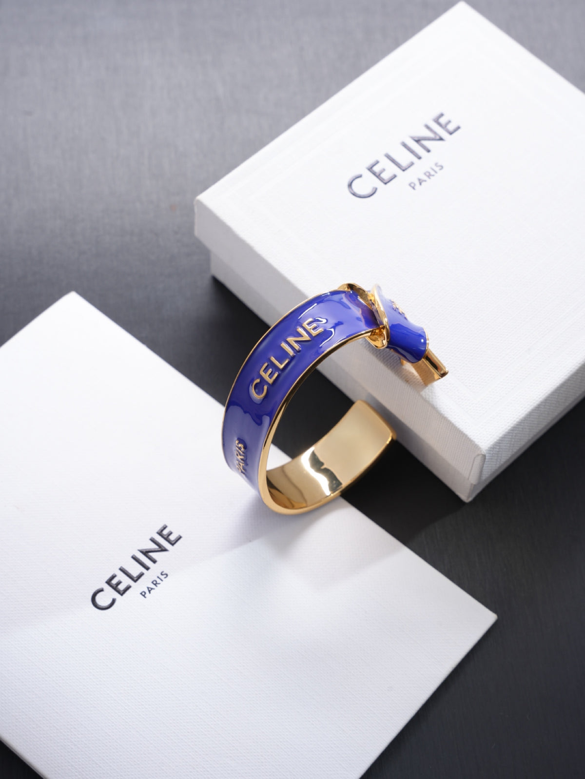 26FW New Open Cuff Bracelet with Gold Edging and Blue Enamel