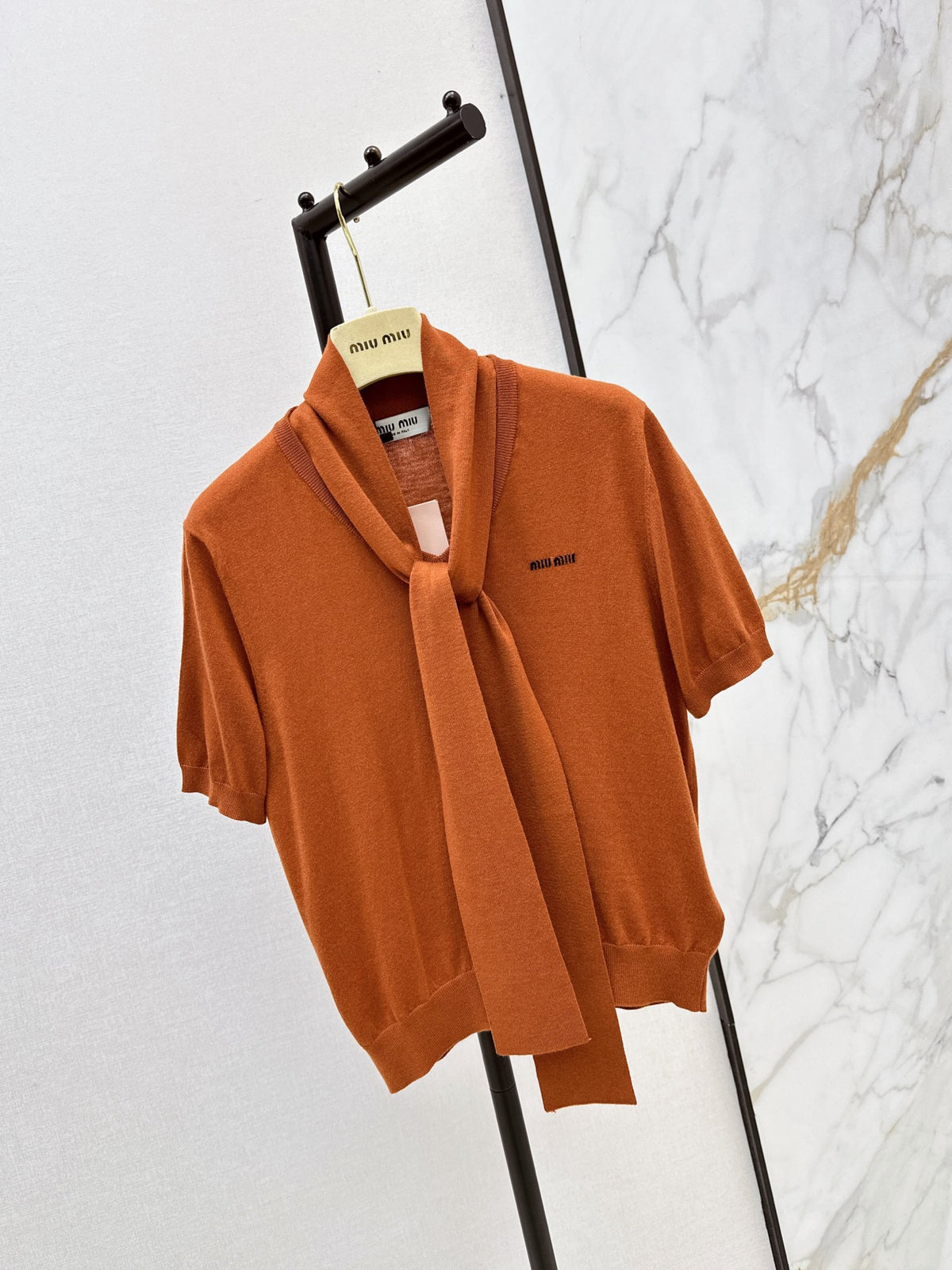 26FW New Caramel-Toned Short-Sleeve Knit Top with Ribbon Detail 🤎
