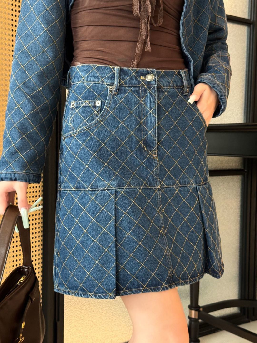 26FW New Diamond-Pattern Denim Midi Skirt 🩵
