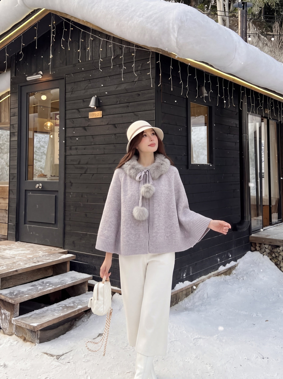 26FW New Fox Fur Collar Cape Coat 🤍🩶