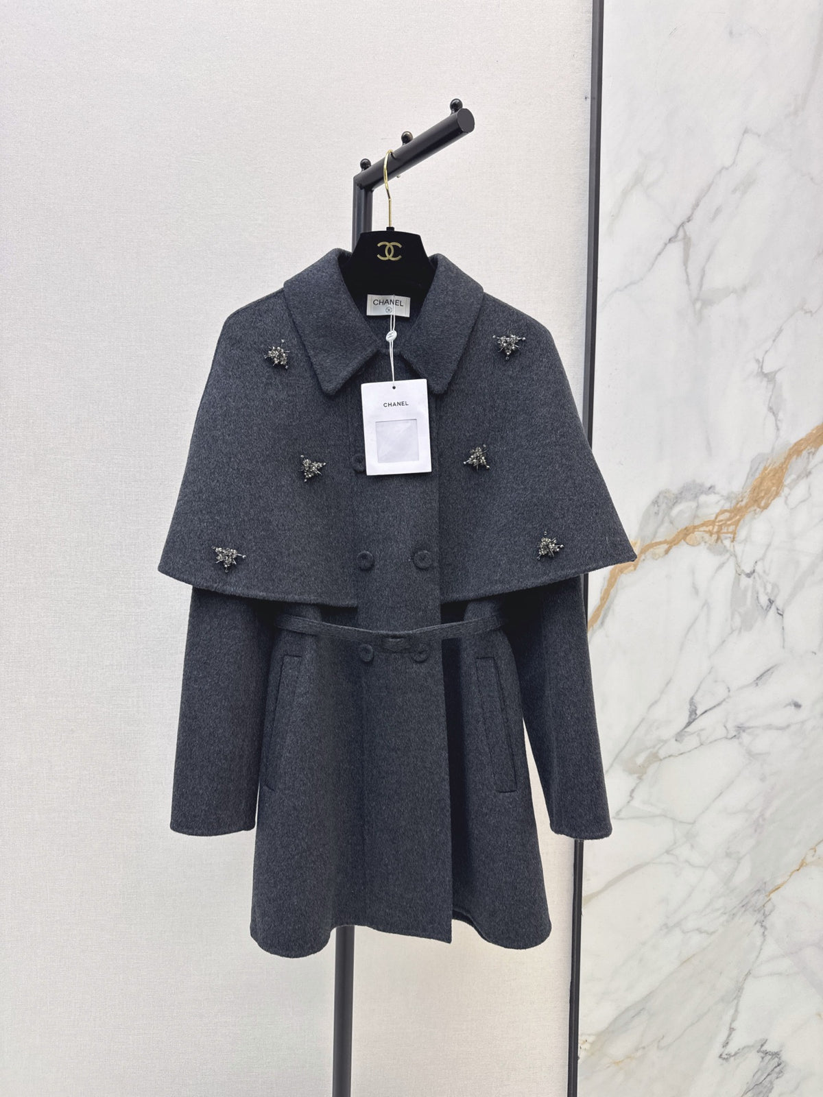 26FW New: Grey Double-Faced Wool Coat with Faux-Cape Detail 🩶