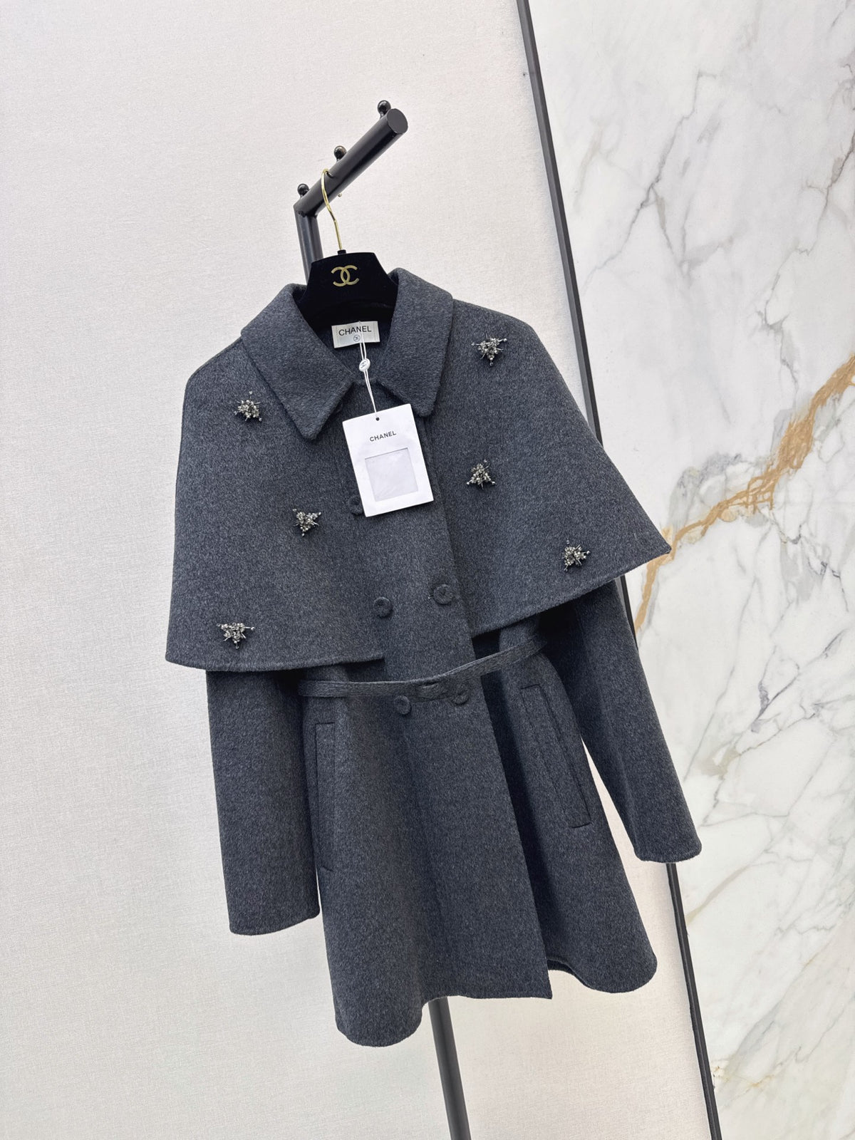 26FW New: Grey Double-Faced Wool Coat with Faux-Cape Detail 🩶
