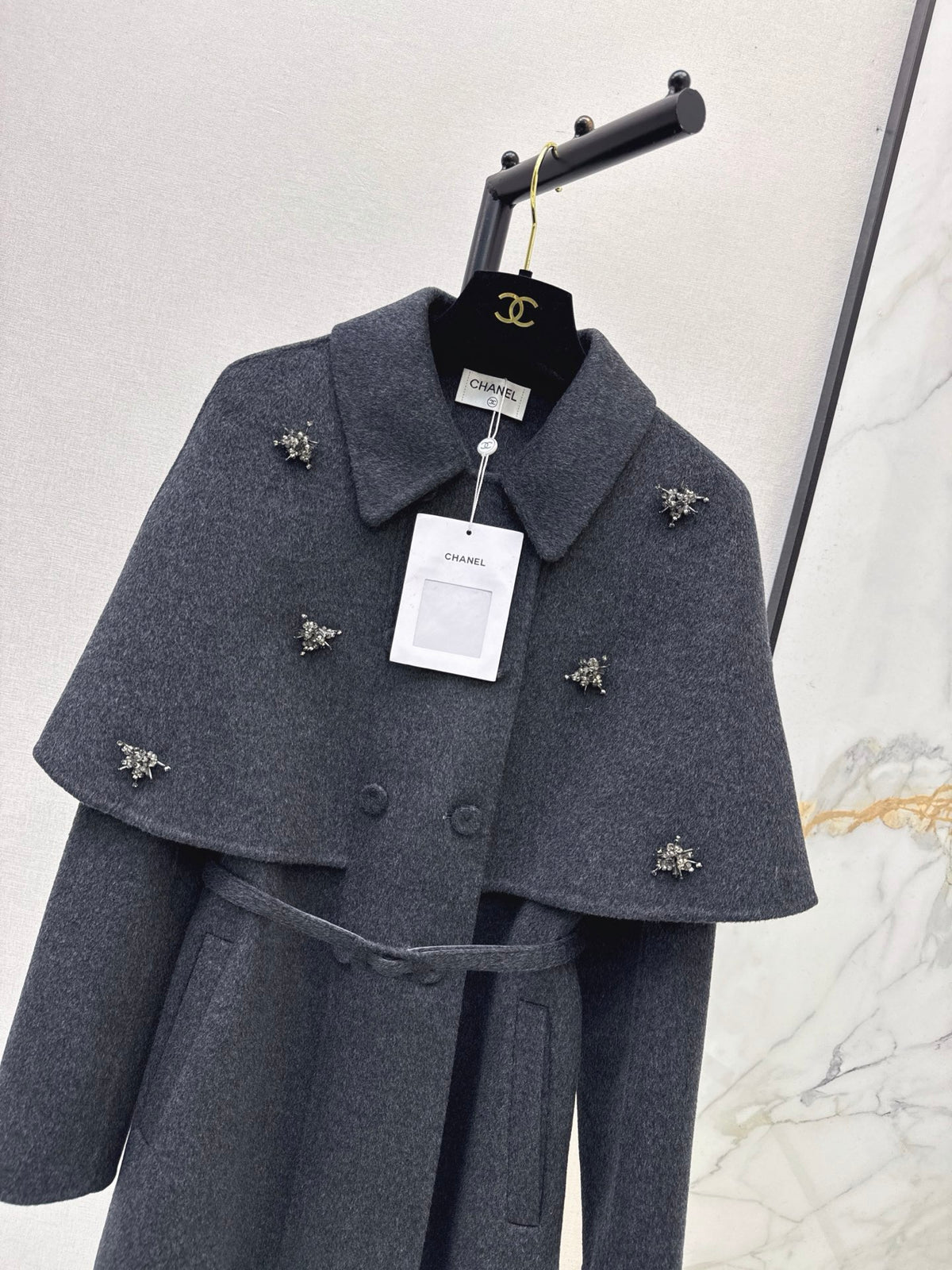 26FW New: Grey Double-Faced Wool Coat with Faux-Cape Detail 🩶