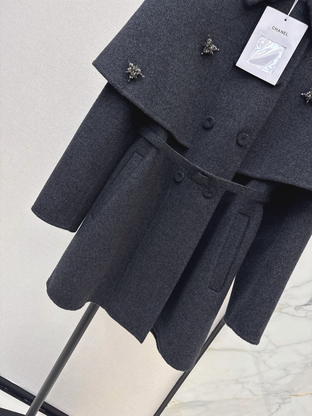 26FW New: Grey Double-Faced Wool Coat with Faux-Cape Detail 🩶