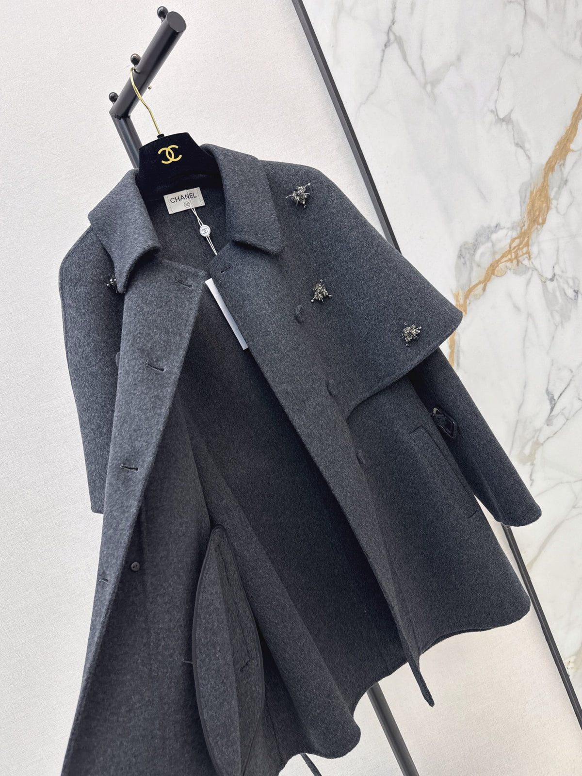 26FW New: Grey Double-Faced Wool Coat with Faux-Cape Detail 🩶
