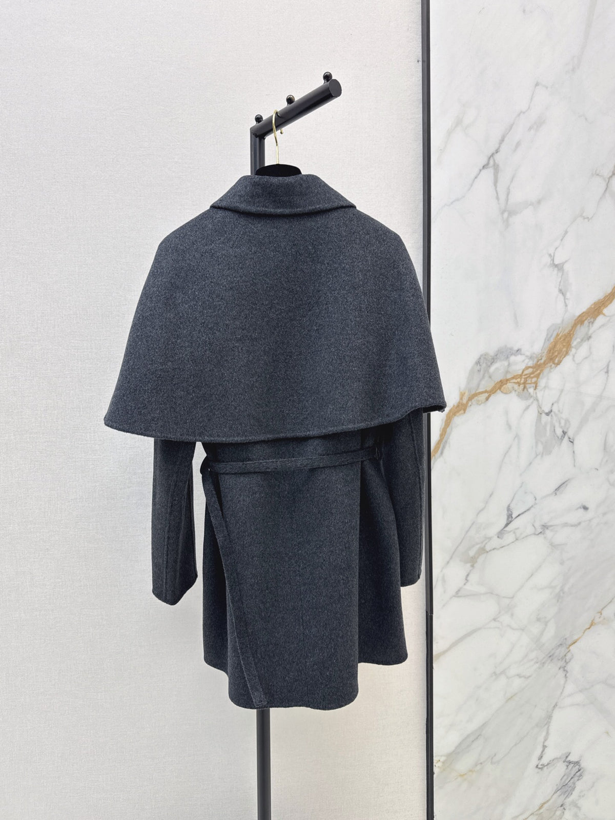 26FW New: Grey Double-Faced Wool Coat with Faux-Cape Detail 🩶