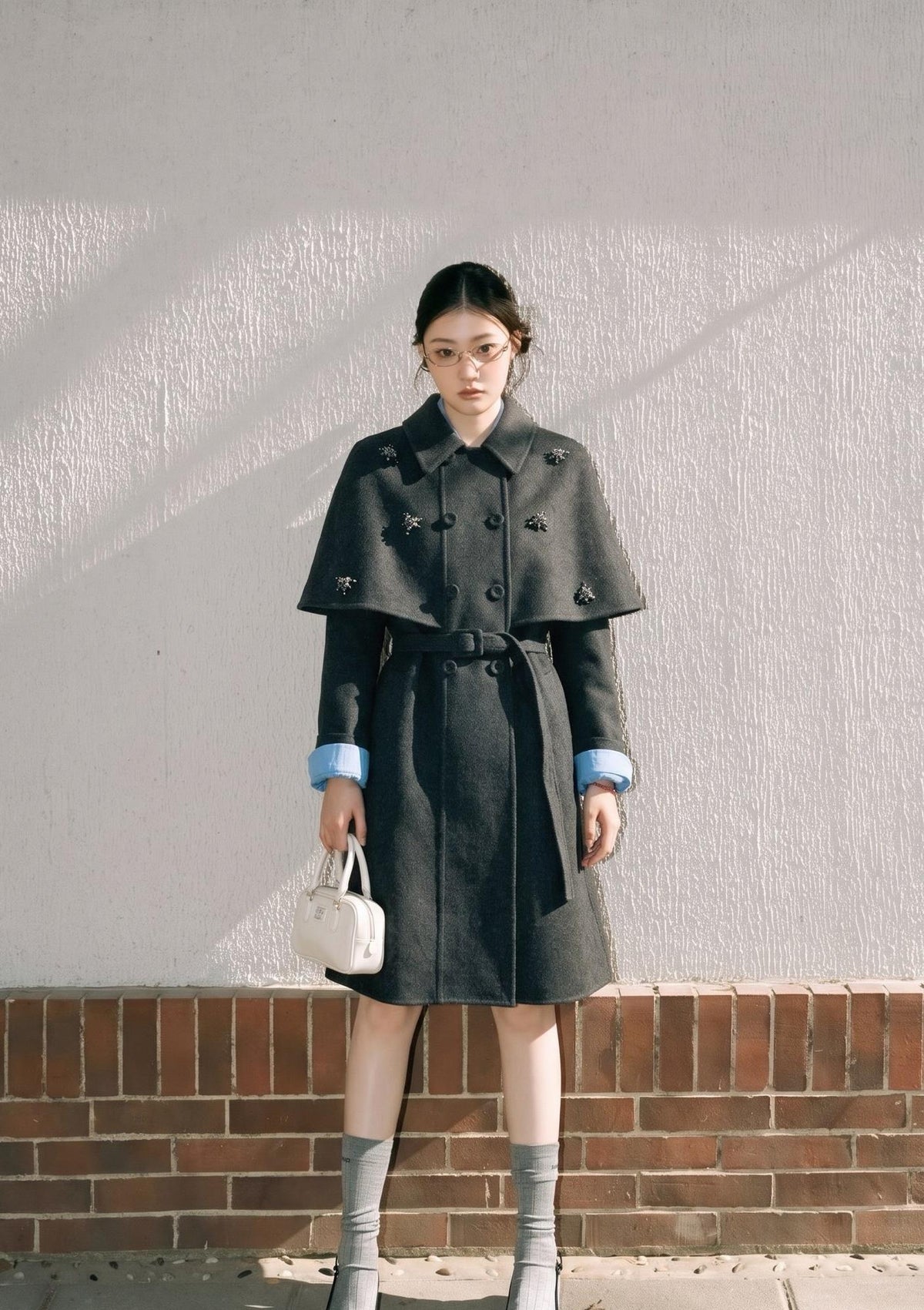 26FW New: Grey Double-Faced Wool Coat with Faux-Cape Detail 🩶
